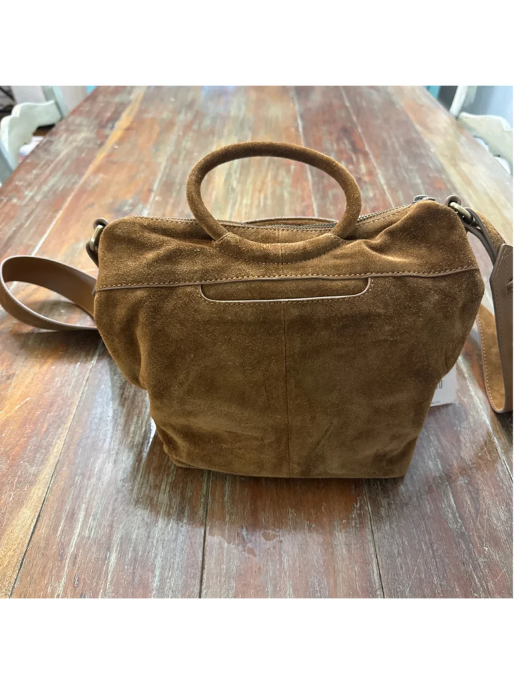 HOBO Chestnut Brown Suede Gold Studded Small Crossbody Tote Handbag NWT Handles